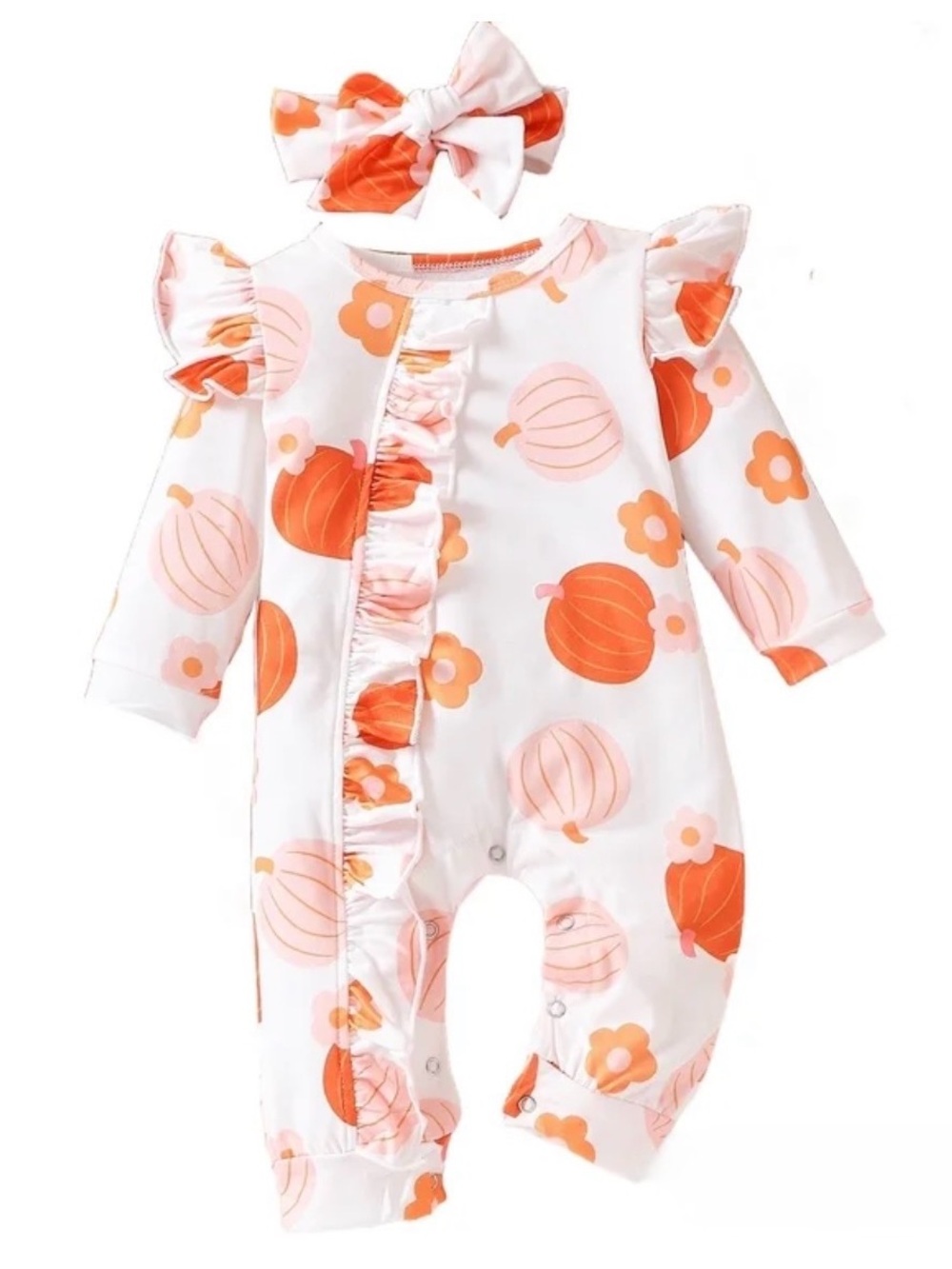 NWOT White & Orange Floral Pumpkin Ruffle One-Piece Romper with Headband